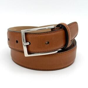 Maus & Hoffman Leather Belt Tan Made in Italy Size 34 Silver Buckle Solid Brass